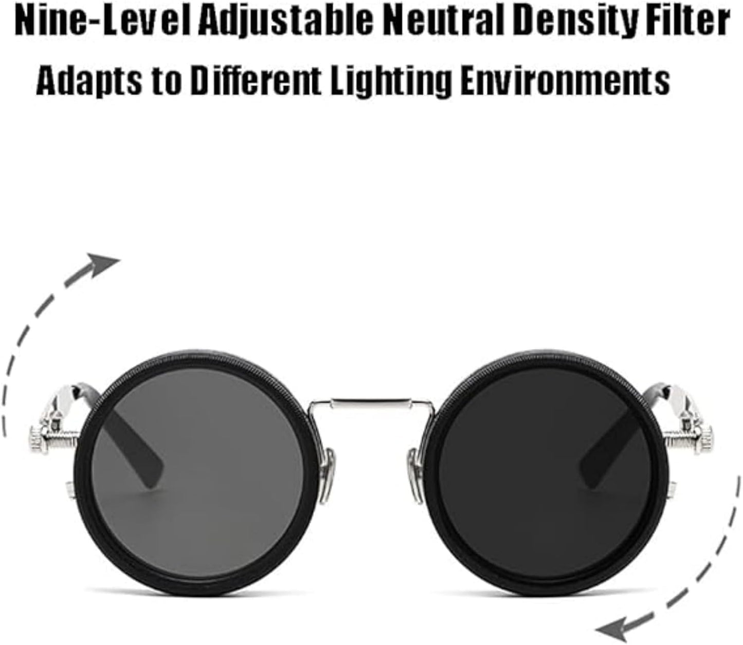 Adjustable Tint Sunglasses,1-9 Gears Retro Metal round Polarized Glasses with ND Filter Lenses