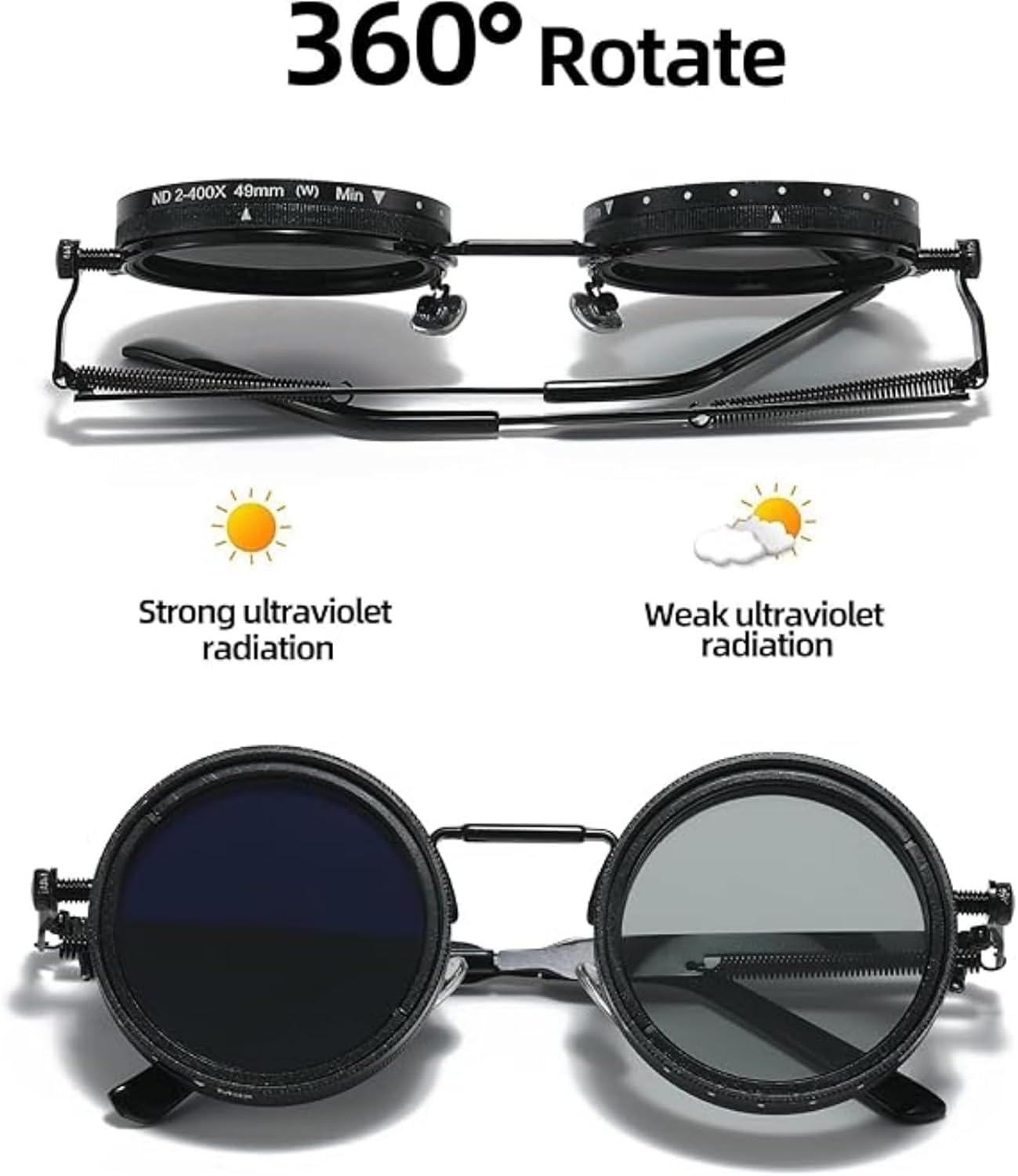 Adjustable Tint Sunglasses,1-9 Gears Retro Metal round Polarized Glasses with ND Filter Lenses