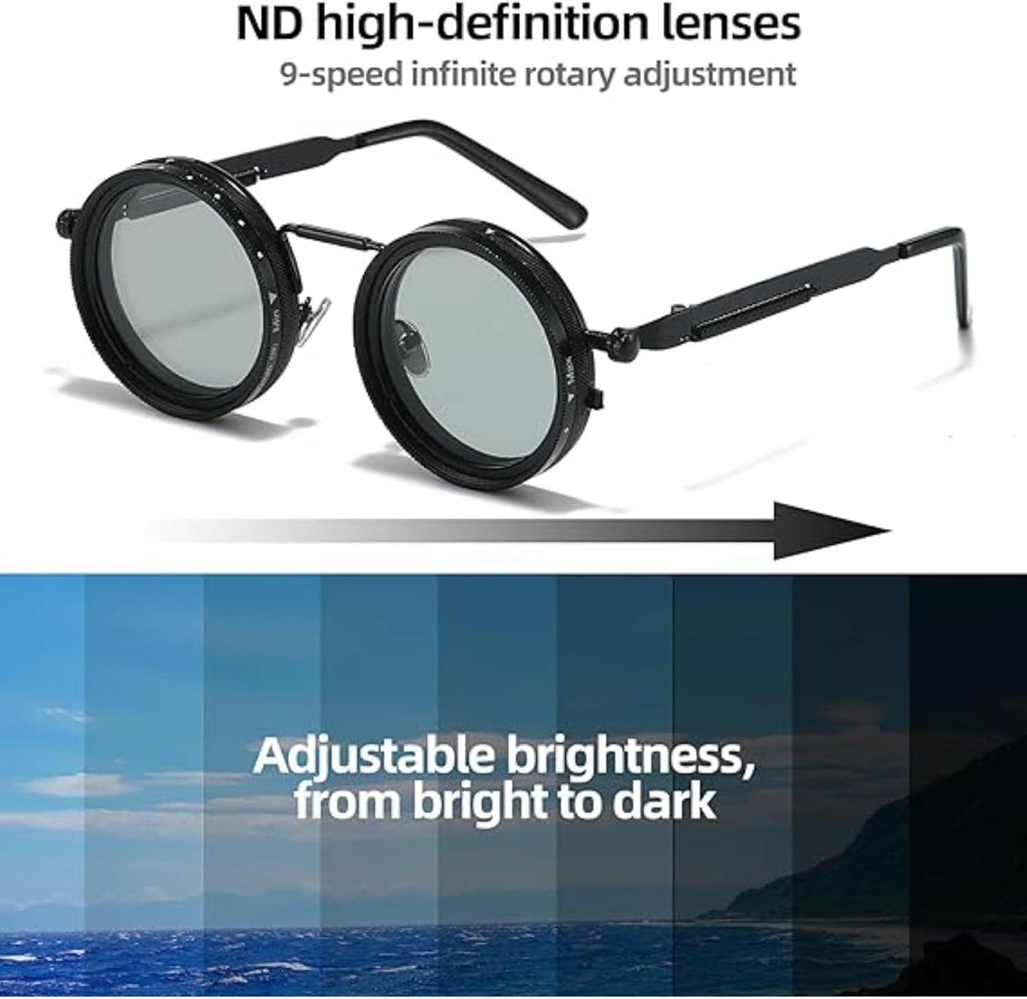 Adjustable Tint Sunglasses,1-9 Gears Retro Metal round Polarized Glasses with ND Filter Lenses